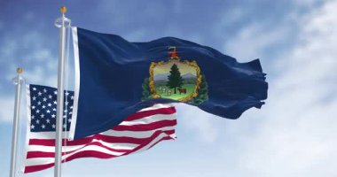 Vermont ve Amerikan bayrakları rüzgarda sallanıyor. Devlet arması ve sloganı olan mavi bir arka plan. Kusursuz 3 boyutlu animasyon. Yavaş çekim döngüsü. Seçici odak