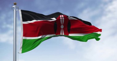 Kenya ulusal bayrağı açık havada dalgalanıyor. Siyah, kırmızı ve yeşil bantlar beyaz çizgilerle ayrılmış, ortada iki mızrak üzerinde siyah bir Masai kalkanı var. Kusursuz 3 boyutlu animasyon. Yavaş çekim döngüsü