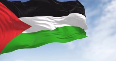 Filistin ulusal bayrağı açık bir günde dalgalanıyor. Solunda kırmızı üçgen olan üç siyah, beyaz, yeşil şerit. Kusursuz 3 boyutlu animasyon. Yavaş çekim döngüsü. Seçici odak