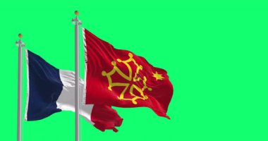 Occitania ve Fransa 'nın bayrakları yeşil arka planda yalıtılmış rüzgarda dalgalanıyor. Kusursuz 3D canlandırma animasyonu. Krom anahtar. Yavaş çekim döngüsü. Yeşil ekran. 4 bin. Seçici odak