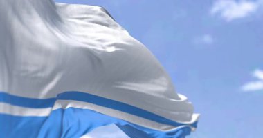 Altai bayrağı (Gorno-Altai Cumhuriyeti) açık havada rüzgarda sallanıyor. Dört çizgili çift renkli beyaz ve açık mavi. Kusursuz 3 boyutlu animasyon. Yavaş çekim döngüsü. Seçici odak