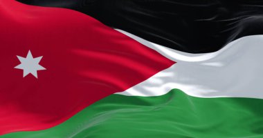 Jordan ulusal bayrağı rüzgarda dalgalanıyor. Siyah, beyaz ve yeşil yatay çizgiler, solunda kırmızı bir simge olan yedi köşeli beyaz bir yıldız barındırıyor. 3d illüstrasyon oluşturucu.