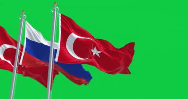 Rüzgarda dalgalanan Türk ve Rus ulusal bayrakları yeşil arka planda izole edildi. Kusursuz 3D canlandırma animasyonu. Krom anahtar. Yavaş çekim döngüsü. Yeşil ekran. 4 bin. Seçici odak