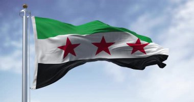 Suriye ulusal bayrağının dalgalandığı yakın çekim. Yatay üç renkli yeşil, beyaz, siyah, üç yeşil beş köşeli yıldız. Kusursuz 3 boyutlu animasyon. Yavaş çekim döngüsü. Seçici odak