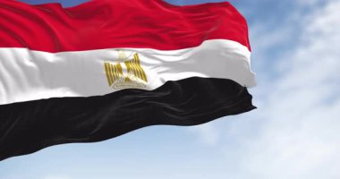 Mısır ulusal bayrağı açık bir günde dalgalanıyor. Yatay kırmızı, beyaz ve siyah şeritler. Beyaz bant merkezli Mısır kartalı amblemi. Kusursuz 3 boyutlu animasyon. Yavaş çekim döngüsü. Seçici odak