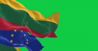Litvanya ve Avrupa Birliği 'nin bayrakları yeşil arka planda yalıtılmış bir şekilde el sallıyor. Kusursuz 3D canlandırma animasyonu. Krom anahtar. Yavaş çekim döngüsü. Yeşil ekran. 4 bin. Seçici odak