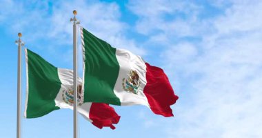 Meksika 'nın ulusal bayrakları rüzgarda dalgalanıyor. Meksika vatanseverliği, kültürü ve tarihi kavramı. Kusursuz 3 boyutlu animasyon. Yavaş çekim döngüsü. Seçici odak