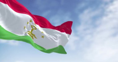 Tacikistan ulusal bayrağı dalgalanıyor. Merkezi taç ve yedi yıldızlı kırmızı-beyaz-yeşil çizgiler. Kusursuz 3 boyutlu animasyon. Yavaş çekim döngüsü. Seçici odak