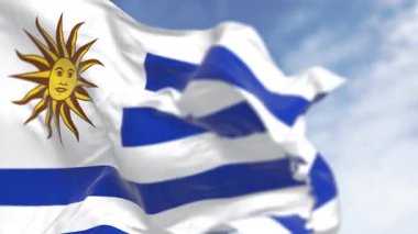 Uruguay ulusal bayrağının rüzgarda dalgalanan yakın çekimi. Alternatif beyaz ve mavi yatay çizgiler, beyaz karede Sol de Mayo. Kusursuz 3 boyutlu animasyon. Yavaş çekim döngüsü. Seçici odak