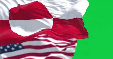Grönland ve ABD bayrakları yeşil arka planda yalıtılmış bir şekilde rüzgarda dalgalanıyor. Kusursuz 3D canlandırma animasyonu. Krom anahtar. Yavaş çekim döngüsü. Yeşil ekran. 4 bin. Seçici odak