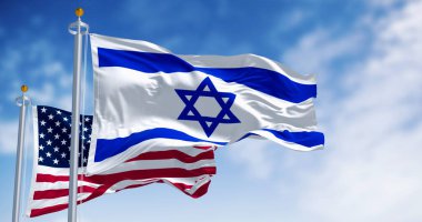 Israel and United States flags waving together. Concept of alliance, diplomacy and international relations. 3D render illustration. Waving fabric
