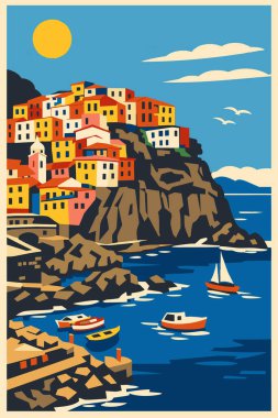 İtalya Cinque Terre 'deki Manarola köyünün düz vektör çizimi. Ligurian Denizi 'ne bakan renkli uçurum kenarındaki evlerde limanda tekneler var. 1950 'lerin geçmişe dönük seyahat poster estetiği.