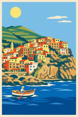 İtalya 'nın Cinque Terre kentinin Retro vektör çizimi. Uçurumun kenarındaki renkli evler, teraslı tepeler ve Akdeniz' deki küçük bir teknede bir balıkçı..