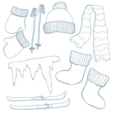 Sanat setinde dağ kayağı ikonları. Kar sürüşü temel koleksiyonu.