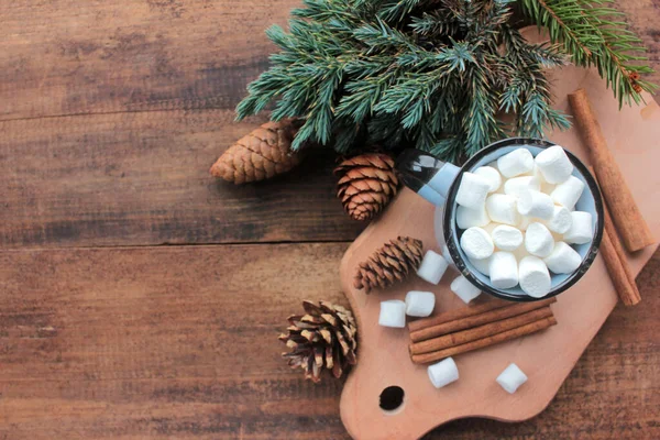 크리스마스 구성에는 뜨거운 코코아와 마시멜로 전나무 그리고 배경에 원추형이 — 스톡 사진