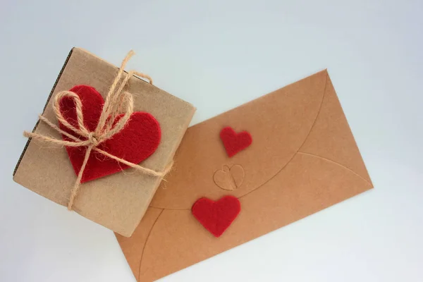 Craft Gift Box Envelope Red Fabric Hearts White Background Happy — Stock Photo, Image