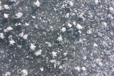 Donmuş nehir buzunun üzerindeki kar kristalleri. Doğal kış geçmişi