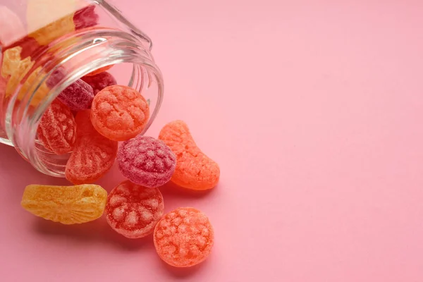 Sweet Fruit Hard Candies Pouring Out Glass Mason Jar Colored — Stock Photo, Image