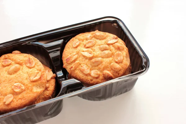 Peanut Cookies Box Biscuits Pack White Background Overhead View Copy — Stock Photo, Image