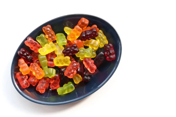 Multicolored Gummy Bears Black Bowl White Background Top View Copy — Stock Photo, Image