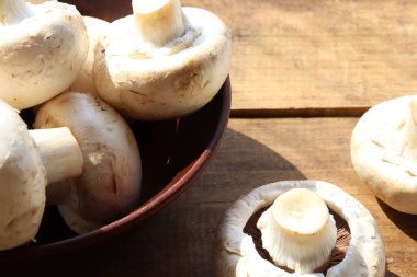 Kahverengi seramik kasede tahta masa arkasında çiğ şampiyon mantarları. Üst görünüm, boşluğu kopyala. Sert ışık, gölge