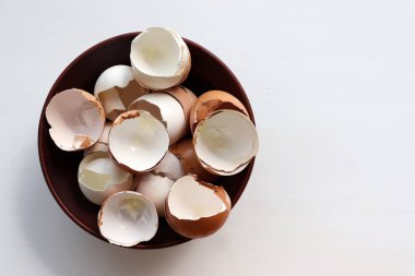 Beyaz arka planda kırık yumurta kabuğu. Üst Manzara. Yumurta kabuğu. Gübre için organik bileşen