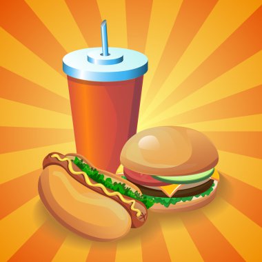 Fast Food poster: sosisli sandviç, hamburger, kola.