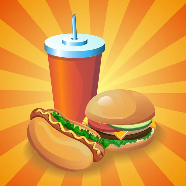 Fast Food poster: hot dog, burger, cola. — Stock Vector