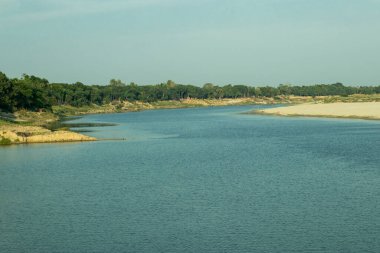 Köy yakınlarındaki küçük nehir ve okyanus mavisi suyu olan sonsuz yeşil kıyı.