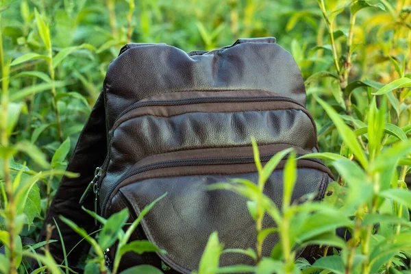 Multifunctional Laptop Carrying Leather Travel Bag Wild Green Grass — Stock Photo, Image