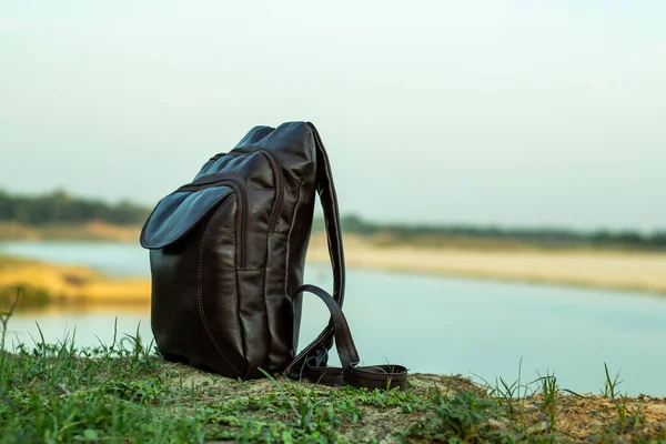 Laptop Carrying Travel Multifunctional Leather Bag Displayed River Shore — Stock Photo, Image