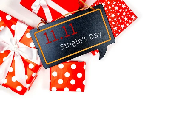 Online shopping of China, 11.11 single's day sale concept. The red gift boxes on white background with copy space for text 11.11 single's day sale.