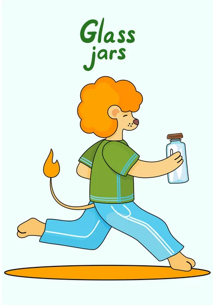 Cartoon lion cub running with a glass jar in his hands. Animals preserve the environment. No plastic — Stock Vector