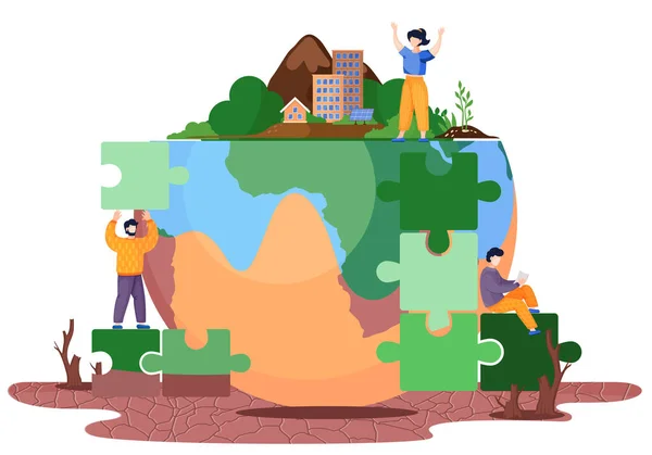 Gente tratando de salvar la ecología mundial. Personajes caminando cerca del globo y levantando las manos — Vector de stock