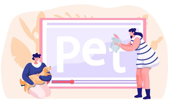 Video blog for pet owners, characters near laptop screen with tutorial about keeping animals at home — Stock Vector