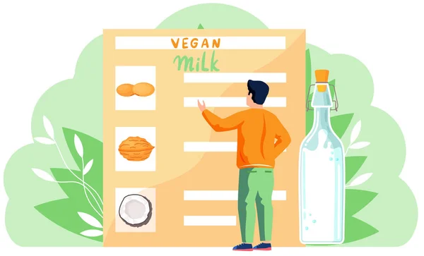 Een menu met opties voor het kiezen van verschillende soorten plantaardige melk. Een mannelijke veganist. Gezonde levensstijl — Stockvector