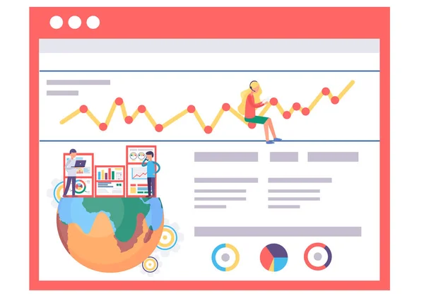 Eine Gruppe von Menschen, die mit Statistiken über Planetenindikatoren arbeiten. Analyse der Arbeit des Planeten Erde — Stockvektor