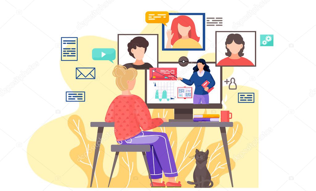 A monitor with a video. Geometry learning vector illustration. A girl on online group lesson