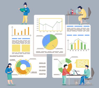 Ofisteki meşgul insanların veri analizi, iş sırasında iletişim kuran meslektaşlar.