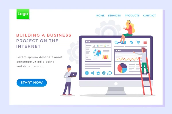 Projeto de Construção de Negócios Online Website Vector —  Vetores de Stock