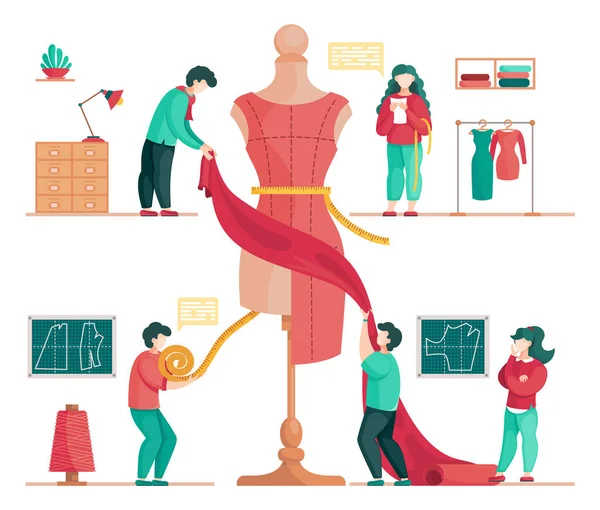 Płaska ilustracja pracowni, projektanci szyjący sukienkę w warsztacie szycia, wykonujący pomiary — Wektor stockowy