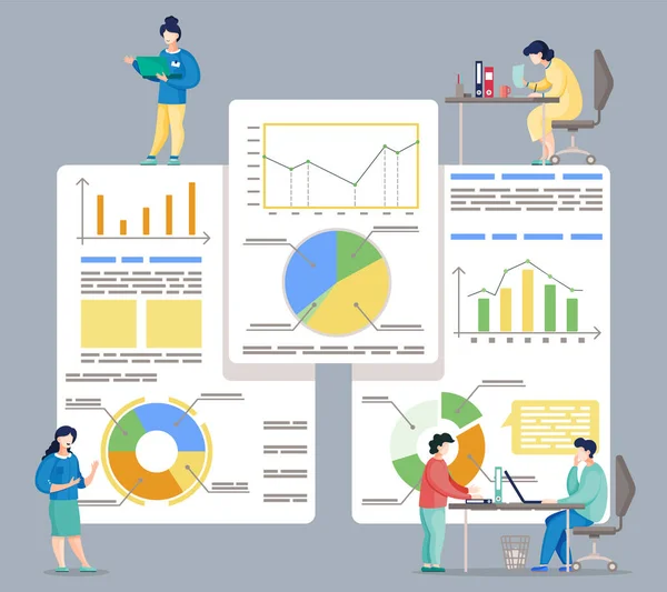 Datenanalyse von viel beschäftigten Personen im Büro, Kollegen, die während der Arbeit kommunizieren — Stockvektor