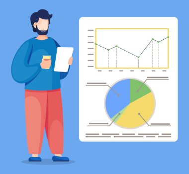 Beyaz arkaplanda diyagram ve grafikler gösteren yeni bir proje sunan işçi.