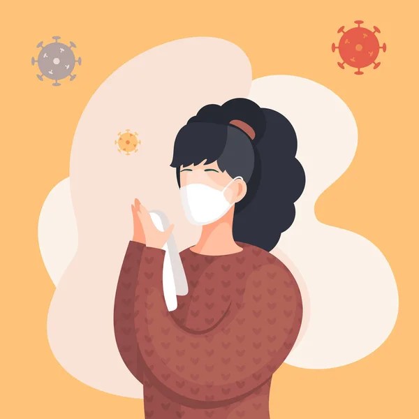 Covid-19 portrait of woman in respiratory medical mask flying virus pathogen around. Spreading virus — Stock Vector