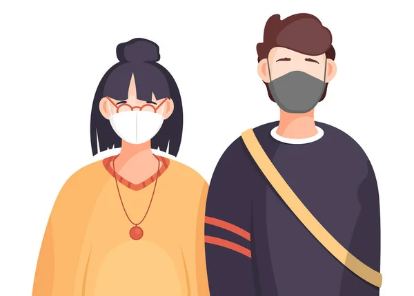Portant des masques médicaux, une pandémie virale. Covid-19, portrait de personnes en masque médical respiratoire — Image vectorielle