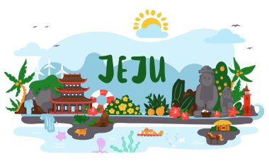 Kore adası Jeju 'nun manzarası. Adanın ana cazibesinin görüntüsüyle pankart