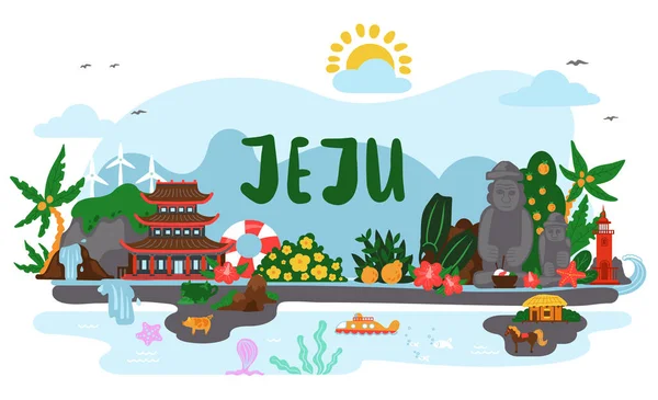 Panorama van het pittoreske Koreaanse eiland Jeju. Banner met beeld van de belangrijkste bezienswaardigheden van het eiland — Stockvector