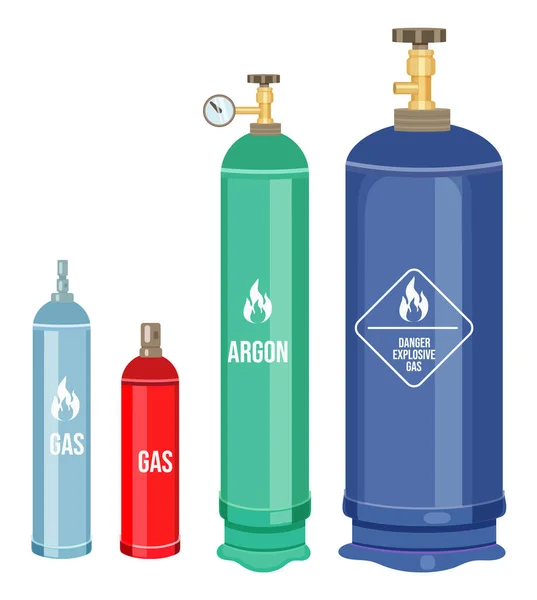 Conjunto de iconos de dibujos animados, cilindros de gas, globos con gas, argón, gas explosivo peligro, señal de advertencia — Vector de stock
