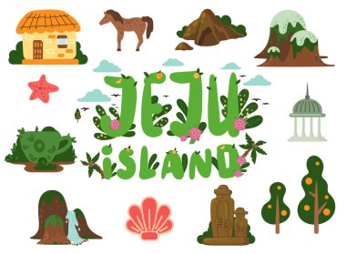 Güney Kore 'de Jeju adası posteri, geleneksel simgeler, semboller, amblemler, popüler yerler.