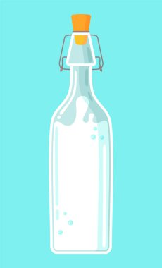 Mantarlı cam şişe, içinde süt, mavi arka planda izole edilmiş düz ikon, doğal süt ürünü.